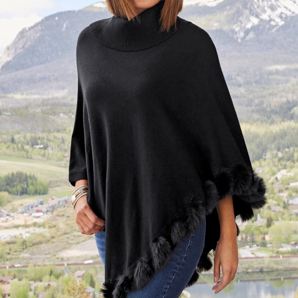 Boston Proper Faux Fur Trim Turtleneck Poncho